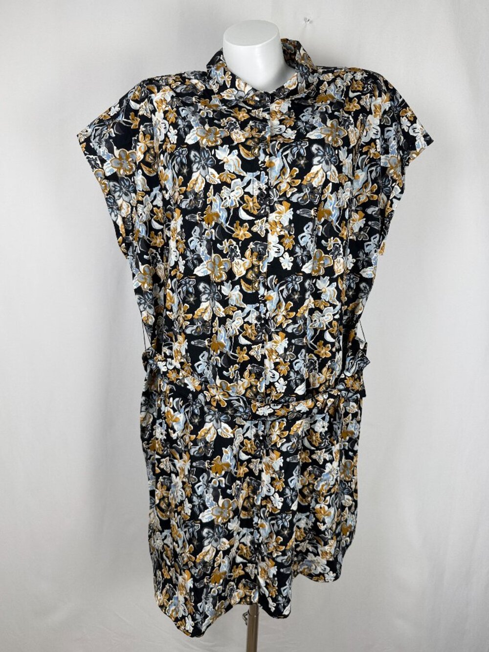 Chaps Black Floral 100% Cotton Short Sleeve Shirt Dress Belted Size XL